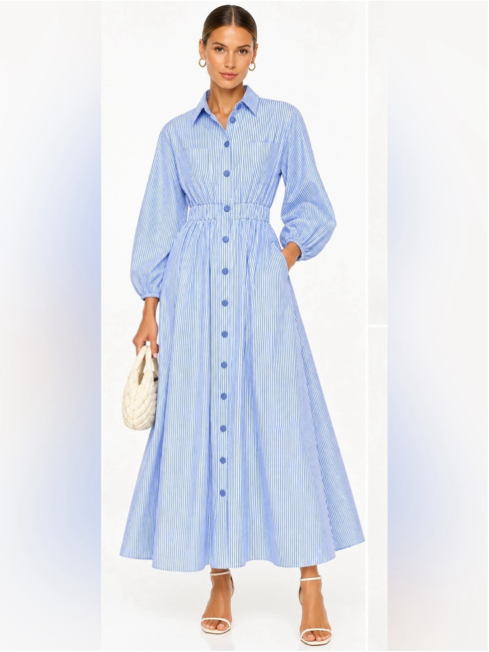 Blue White Striped Button Front Maxi Shirt Dress Elastic Waist